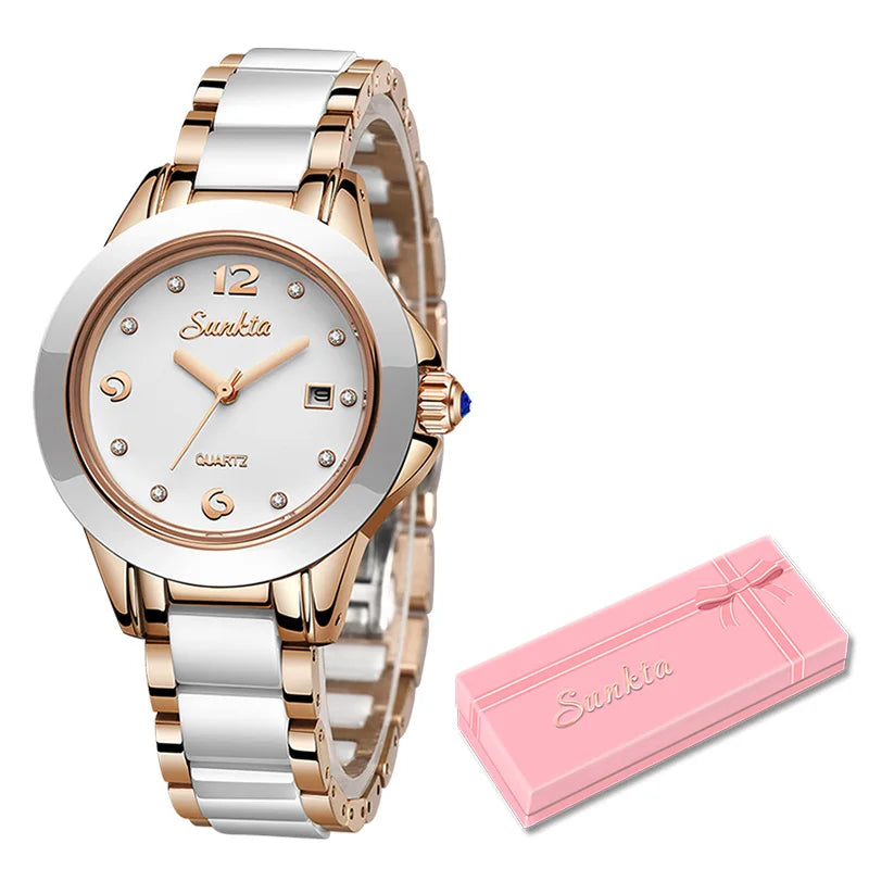Women's Ceramic Stainless Steel Dress Watch With Date