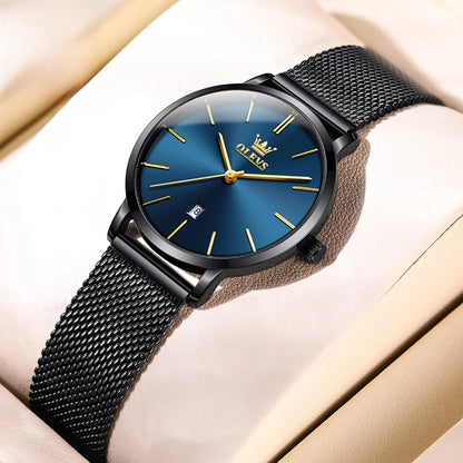 Women's Mesh Strap Watch Slim Quartz Date Luminous Steel