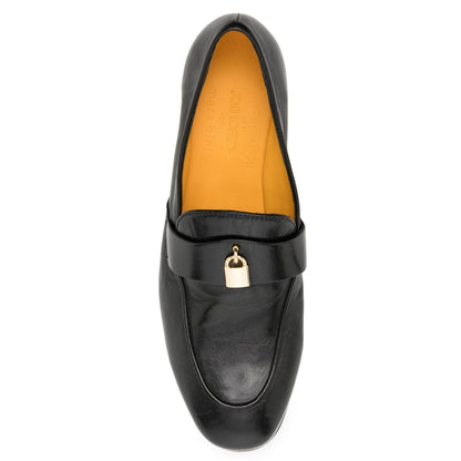 Black Leather Lock Flat Loafer