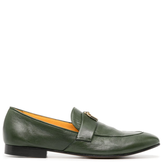 Green Leather  Lock Flat Loafer