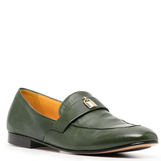 Green Leather  Lock Flat Loafer