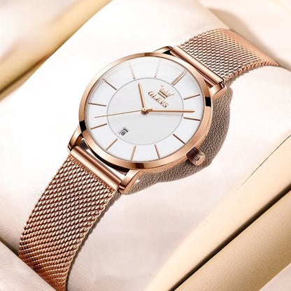 Women's Mesh Strap Watch Slim Quartz Date Luminous Steel