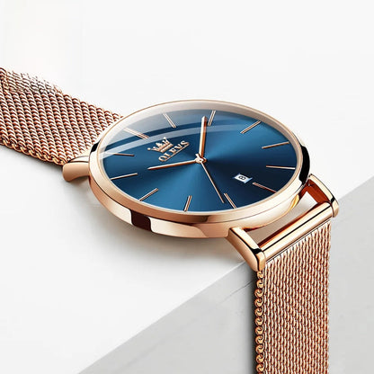 Women's Mesh Strap Watch Slim Quartz Date Luminous Steel