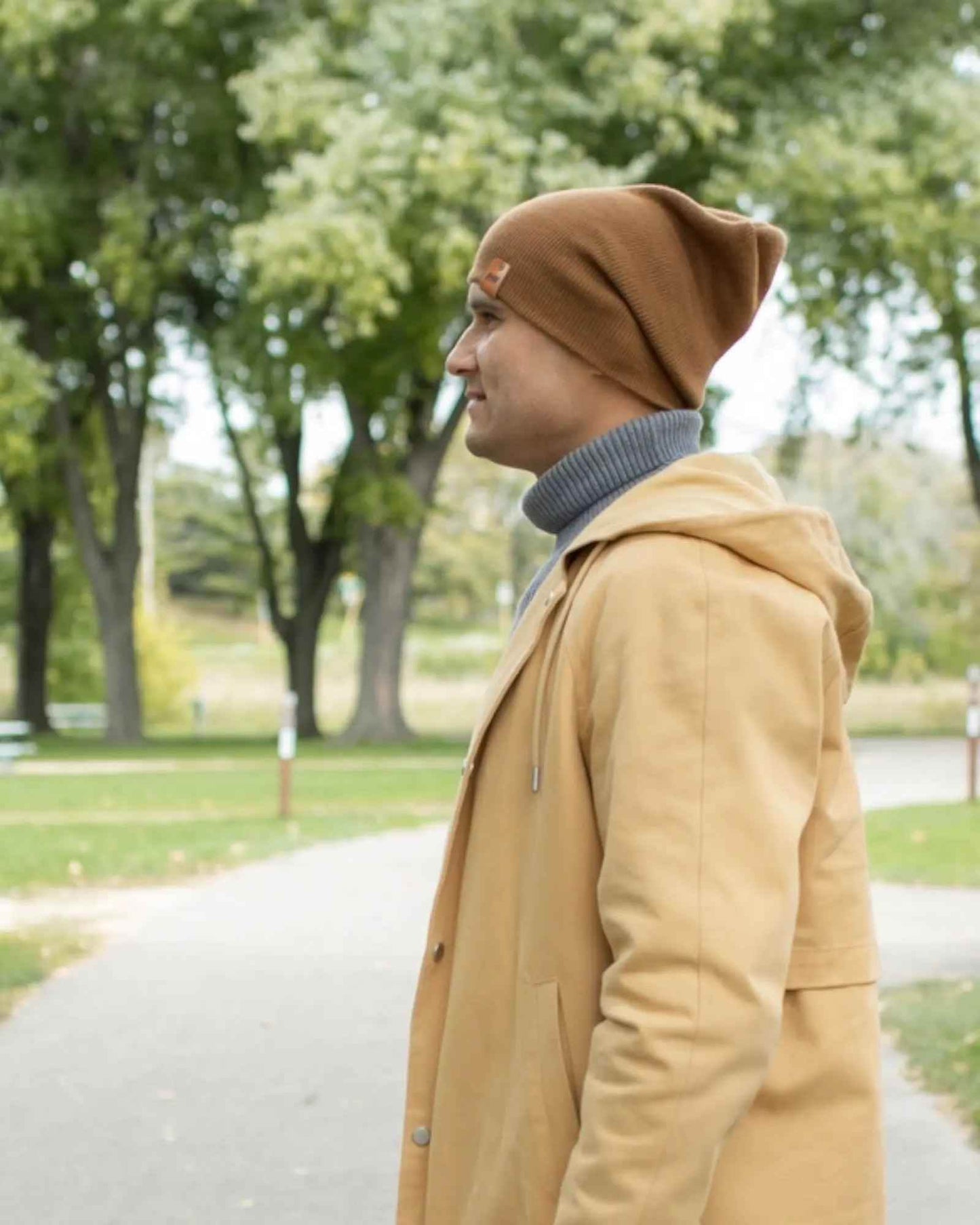 H-Stitch Cuffed Beanie – Patented Camel Brown, Made in USA